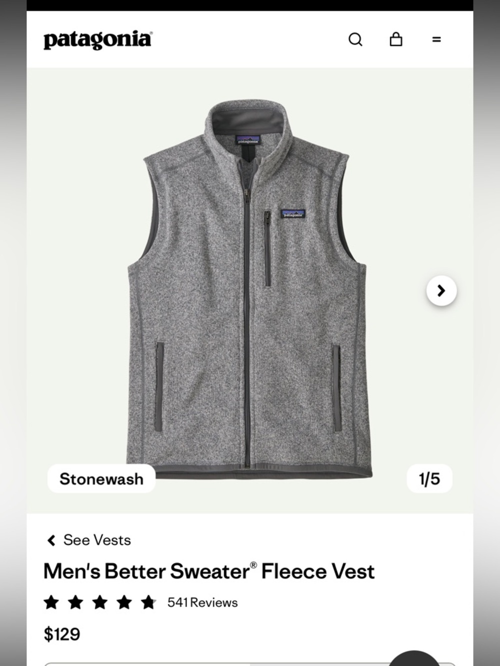 Patagonia Men’s Better Sweater Heather Gray Full-Zip Fleece Vest